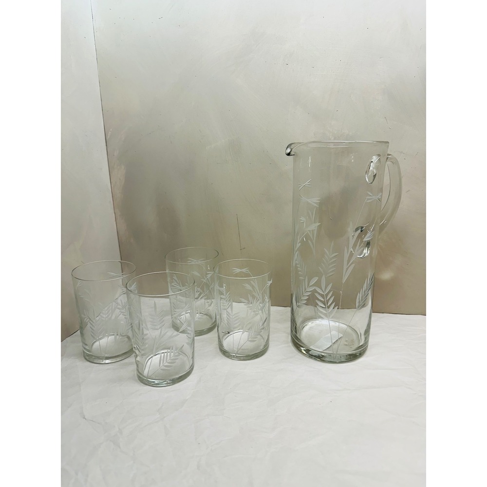 Vintage Etched Wheat Glass Pitcher and 4 Tumbler Set Clear Mid Century